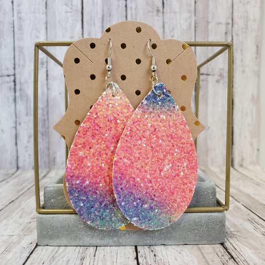 Rainbow Glitter Large Tear Drop Faux Leather Earrings