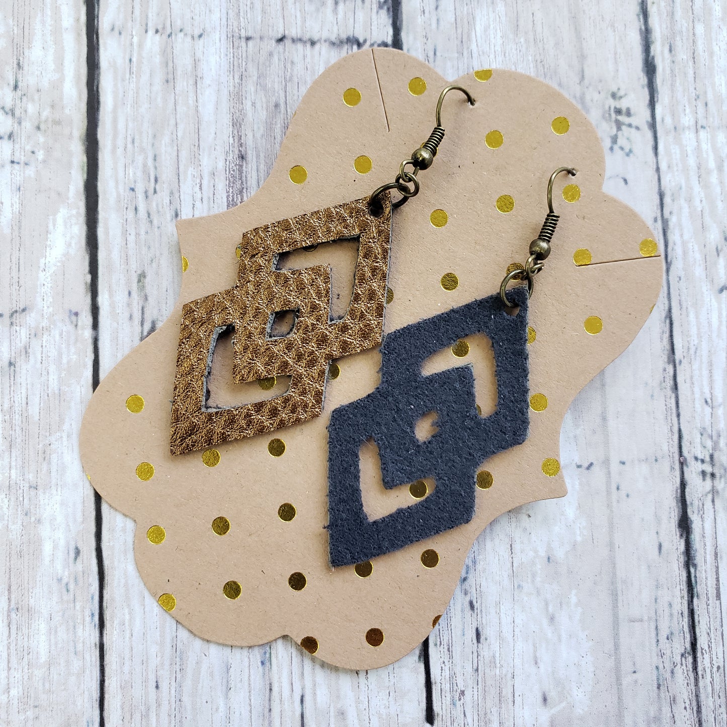 Bronze Double Diamond Faux Leather Earrings