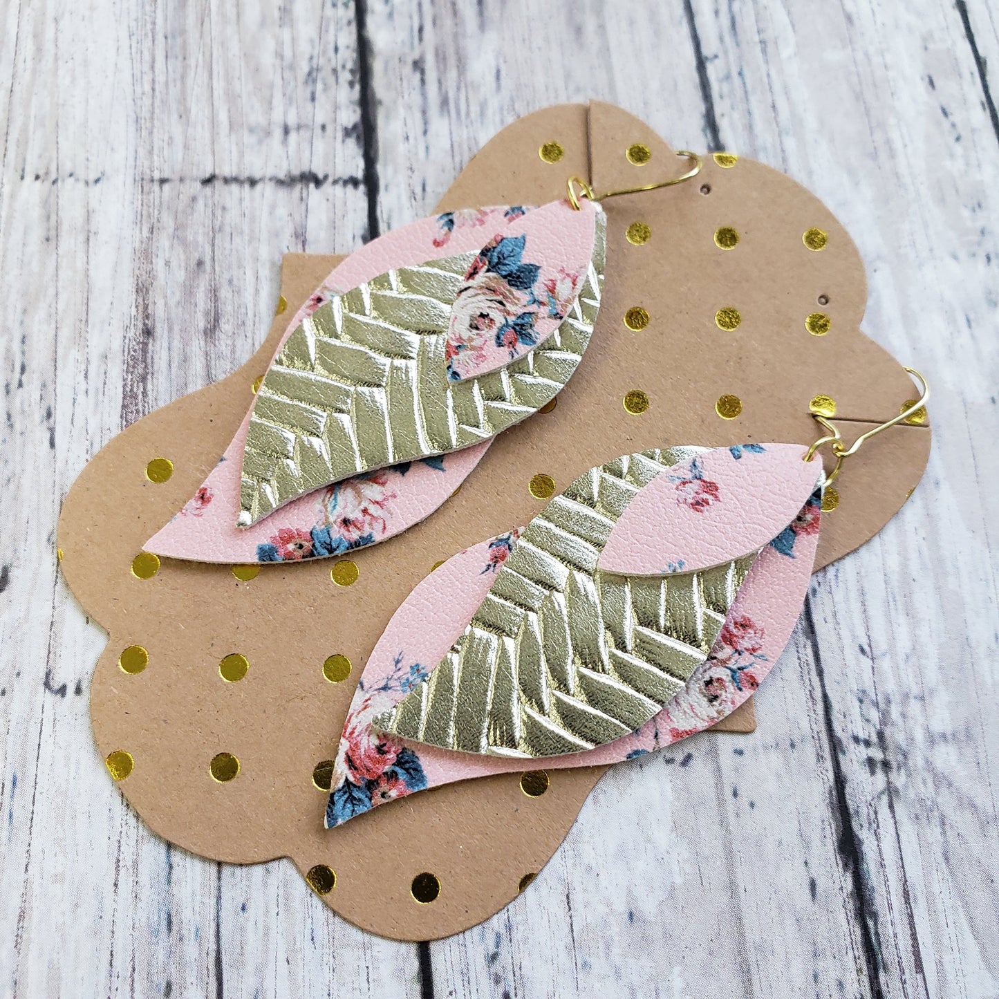 Pink Floral and Gold Herringbone Layered Faux Leather Earrings