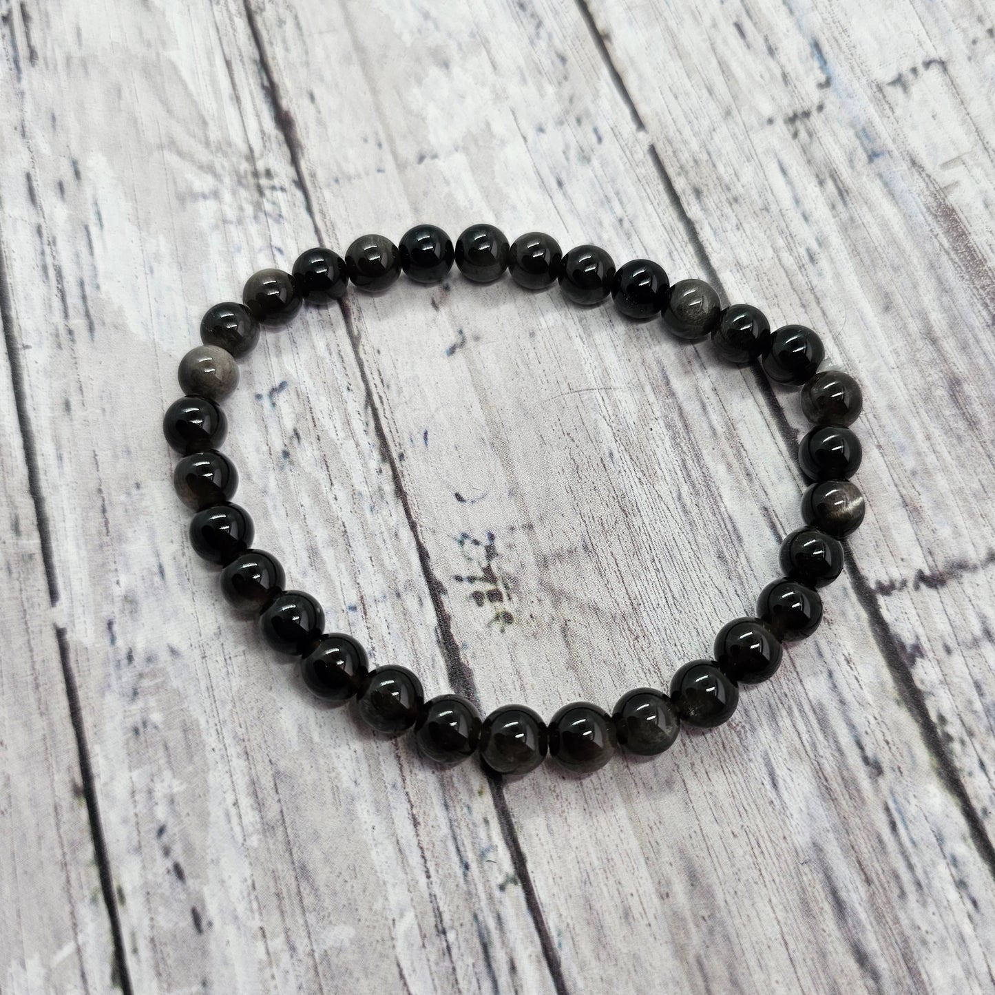 6mm Reiki Infused Silver Sheen Obsidian Bracelet