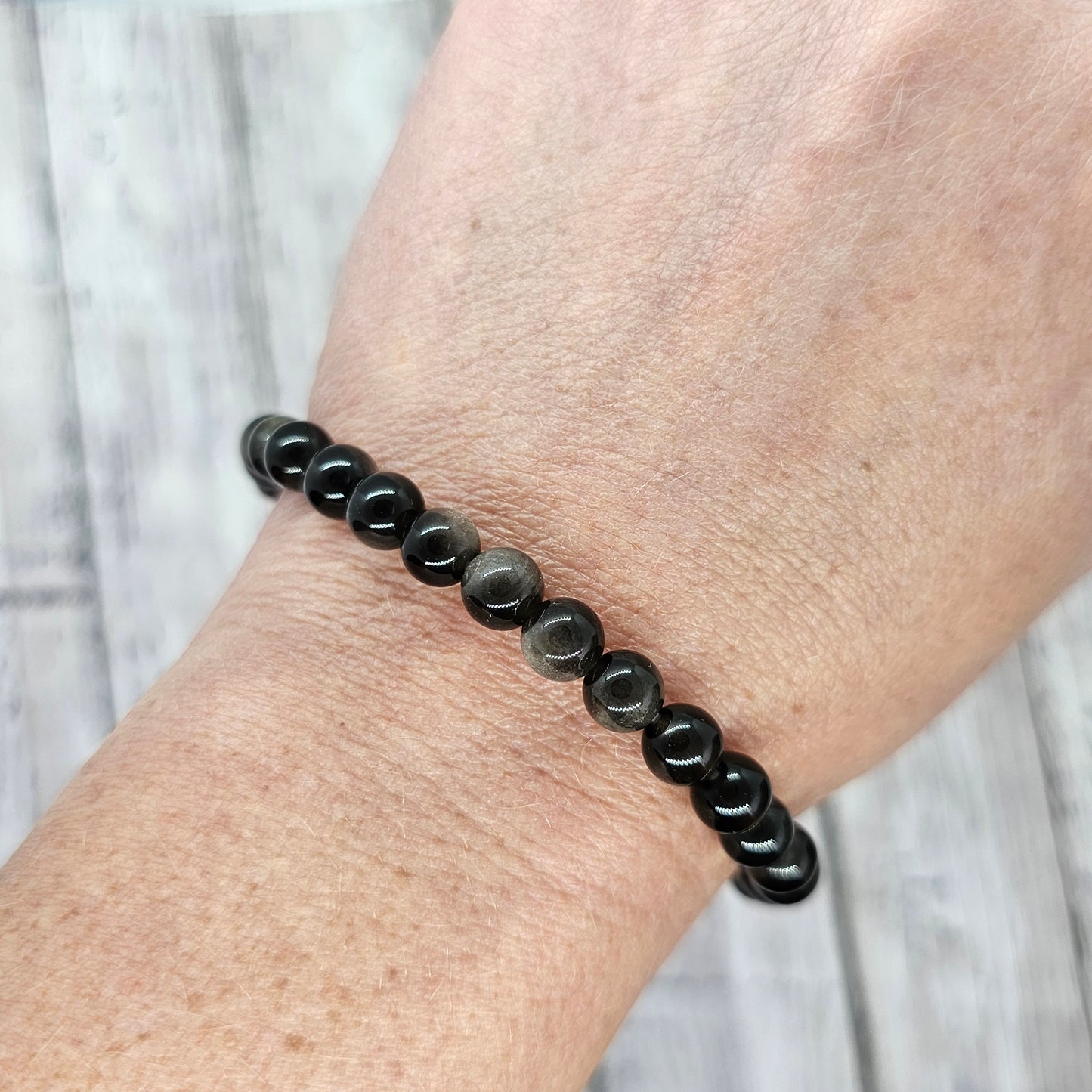 6mm Reiki Infused Silver Sheen Obsidian Bracelet