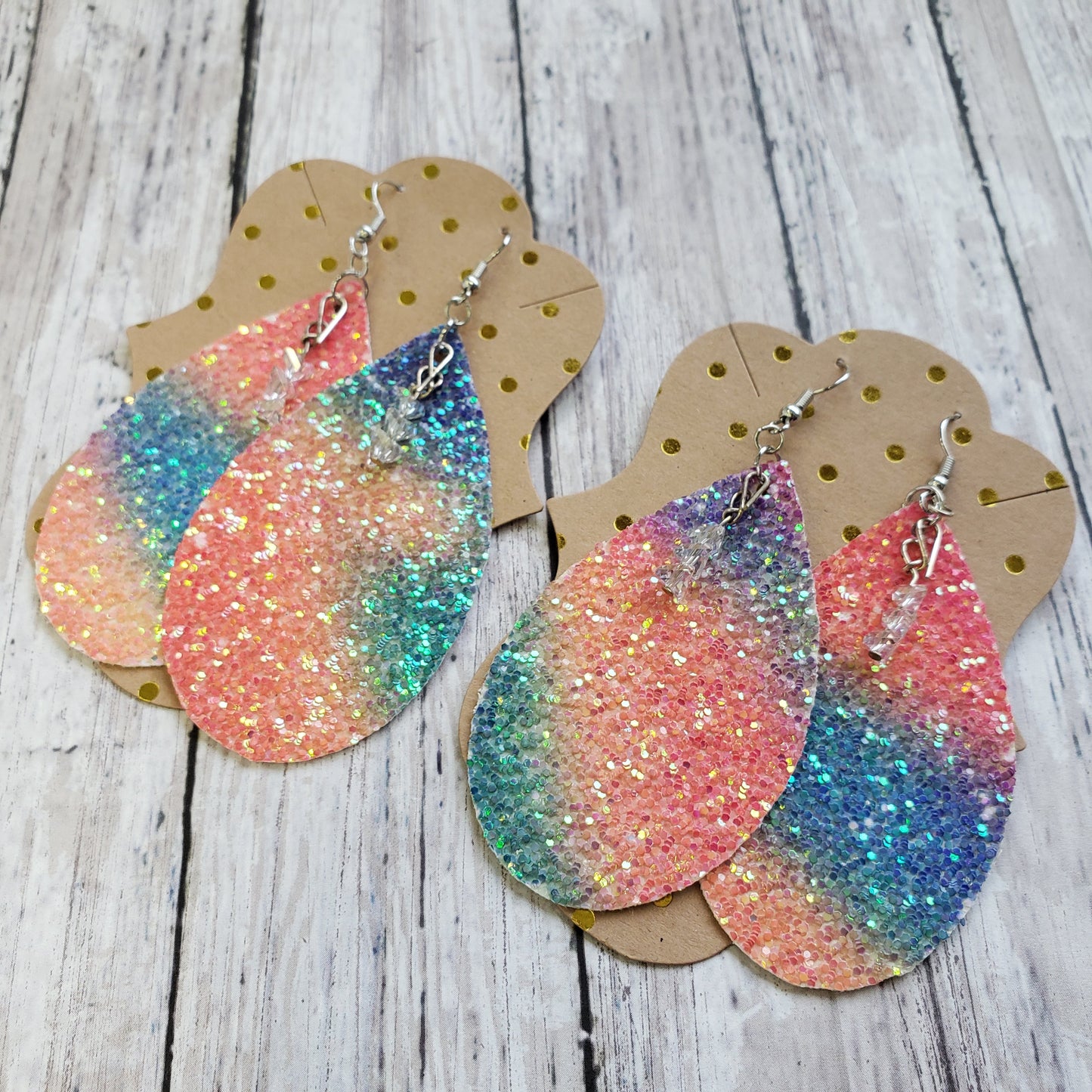 Rainbow Glitter Crystal Drop Faux Leather Earrings