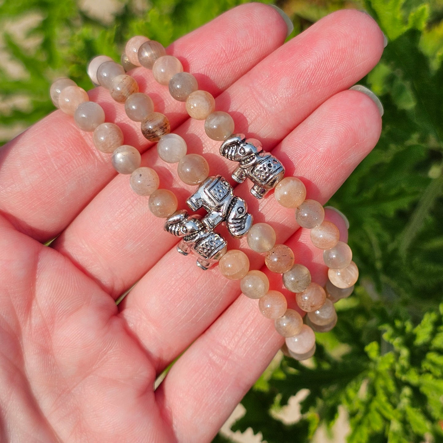 5mm Reiki Infused Skeletal Sunstone Bracelet with Elephant Charm